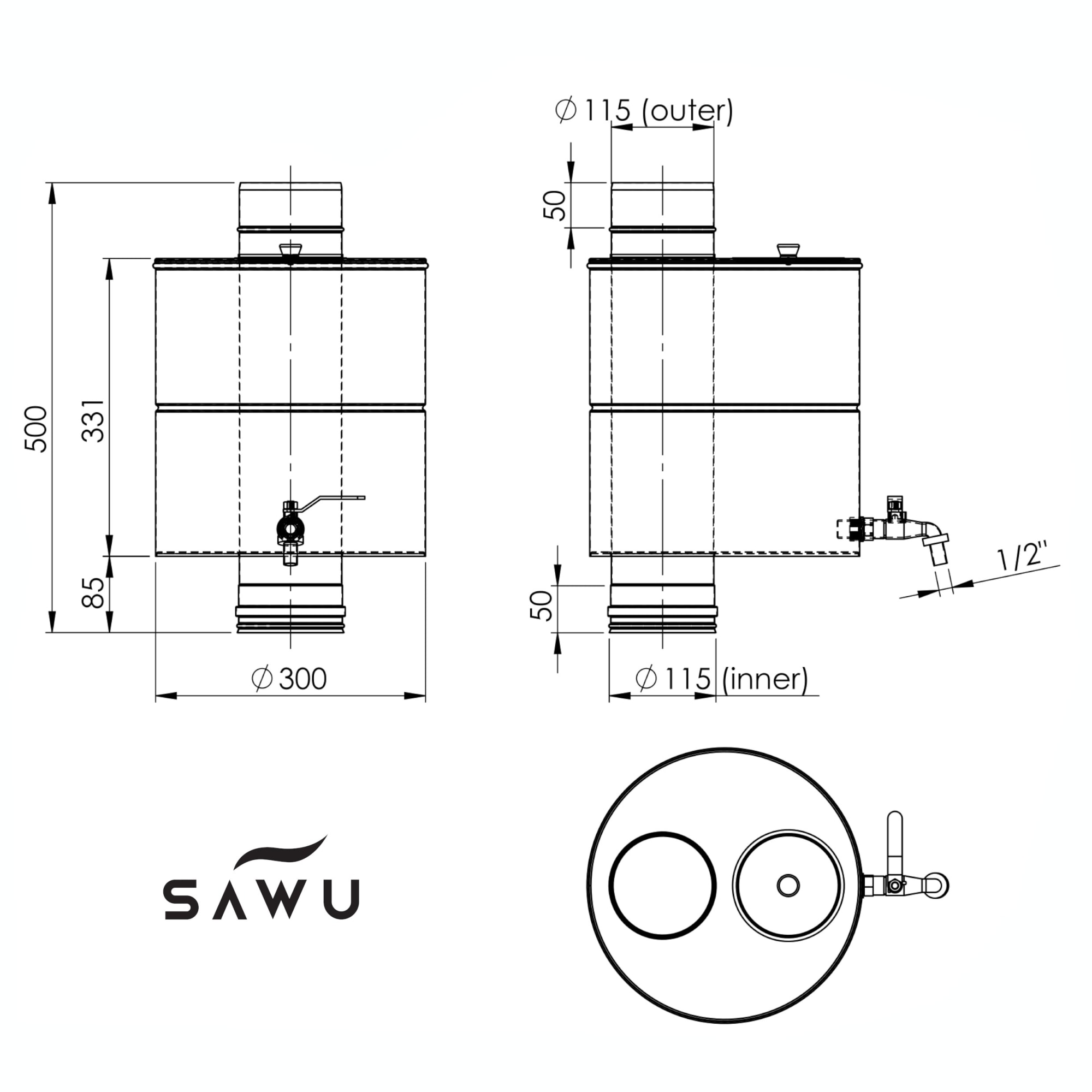 Sawu 115mm 19L Rst Skorstensvattenbehållare - Tältbastur och tillbehör - 6438014428772 - 2